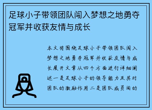 足球小子带领团队闯入梦想之地勇夺冠军并收获友情与成长